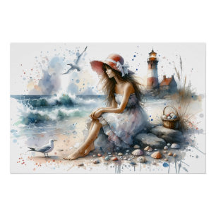Poster Fille d'aquarelle romantique par phare