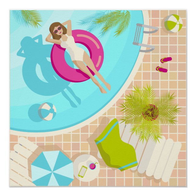 Poster Fille de piscine en bikini plage d'été (Devant)