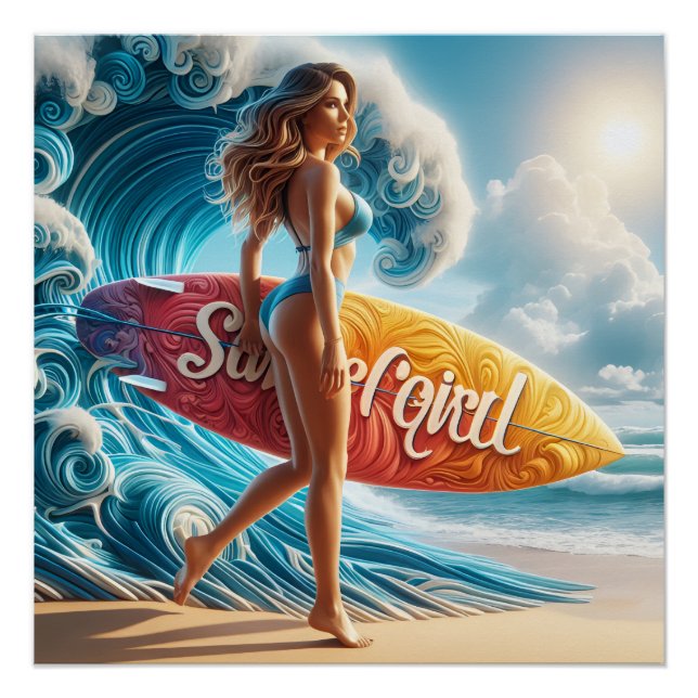 Poster Fille de surfeuse dynamique marchant sur les vague (Devant)