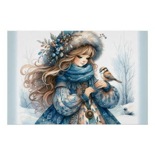 Poster Fille d'hiver avec oiseau en manteau floral bleu
