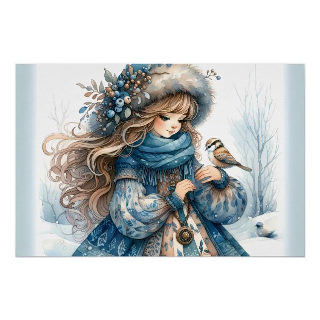 Poster Fille d'hiver avec oiseau en manteau floral bleu (Devant)