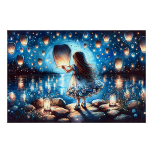 Poster Fille du lac à la lanterne éclairée par la lune