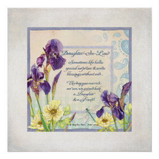 Poster Fille en droit Calligraphie Poème Iris Aquarelle