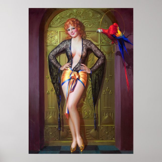 Poster Fille et perroquet Pin Up (Devant)