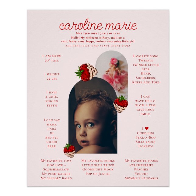 Poster Fille fraise 1er anniversaire Photo Jalon Board (Devant)