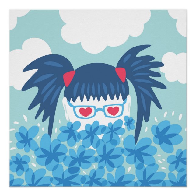Poster Fille geek Aux Cheveux Bleus Et Fleurs (Devant)