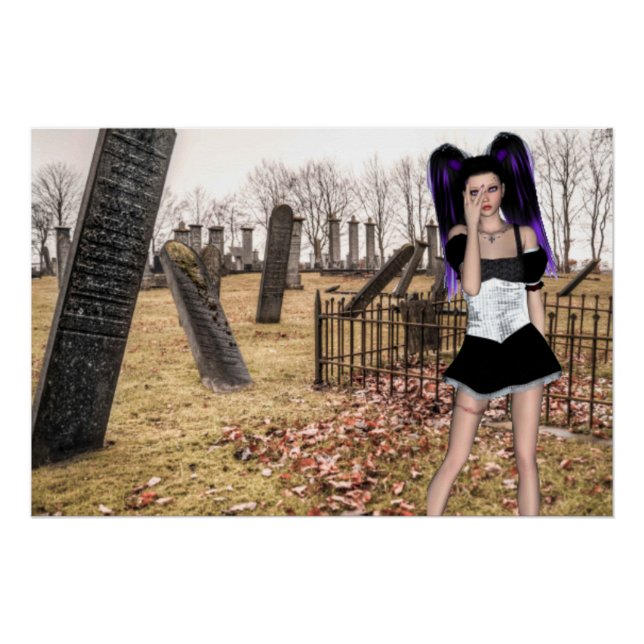 Poster Fille gothique d'Halloween dans le cimetière (Devant)