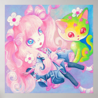 Poster Fille japonaise Wamono avec Kawaii Kitten ~
