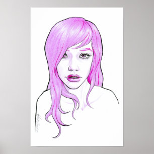 Poster Fille jolie Portrait de dessin animé Cheveux roses