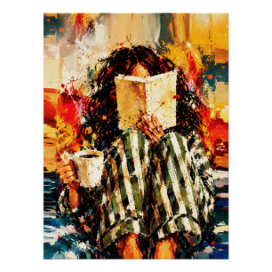 Poster Fille lisant un livre, peinture cosy et artistique