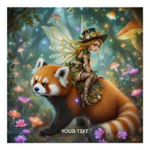 Poster Fille mignonne de fantaisie chevauchant un panda