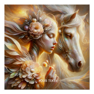 Poster Fille mignonne de fantaisie et cheval