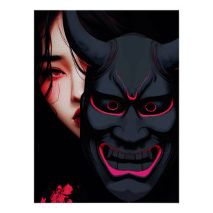 Poster Fille Mystérieuse avec Masque Oni Horreur Japonais