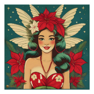 Poster Fille pin-up de Noël tropical rétro des années 50
