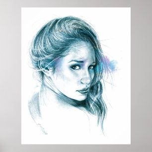 Poster Fille portrait dessin au crayon Bleu