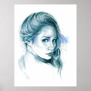 Poster Fille portrait dessin au crayon Bleu