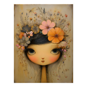 Poster Fille rêveuse avec couronne de fleurs - Style vint
