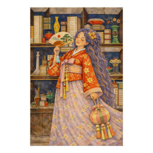 Poster Fille rêveuse en Hanbok coréen avec éventail et No