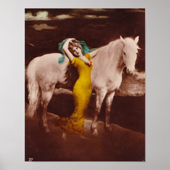 Poster Fille romantique victorienne avec cheval étalon bl (Devant)