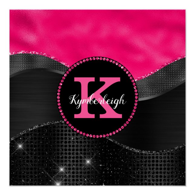 Poster Fille Rose Noir Gris Vagues Glam Monogramme Nom (Devant)