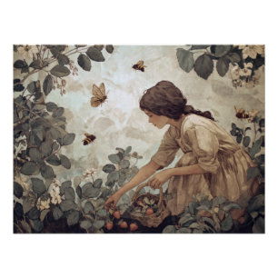 Poster Fille Sépia Vintage Art du Jardin Papillon