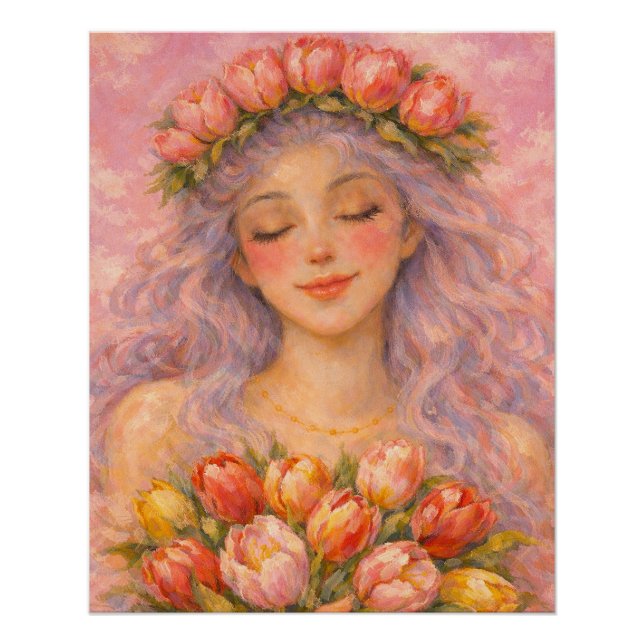 Poster Fille sereine aux tulipes roses  (Devant)