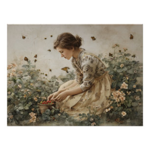 Poster Fille Vintage en Fleur Art de Jardin