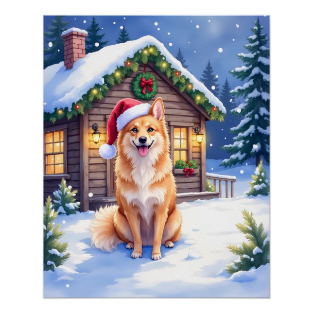 Poster Finnish Spitz Snowy Cabin Santa Hat Christmas Art (Devant)