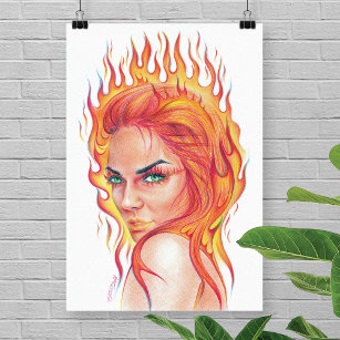 Poster Fire Woman imaginaire surréaliste Portrait dessin 
