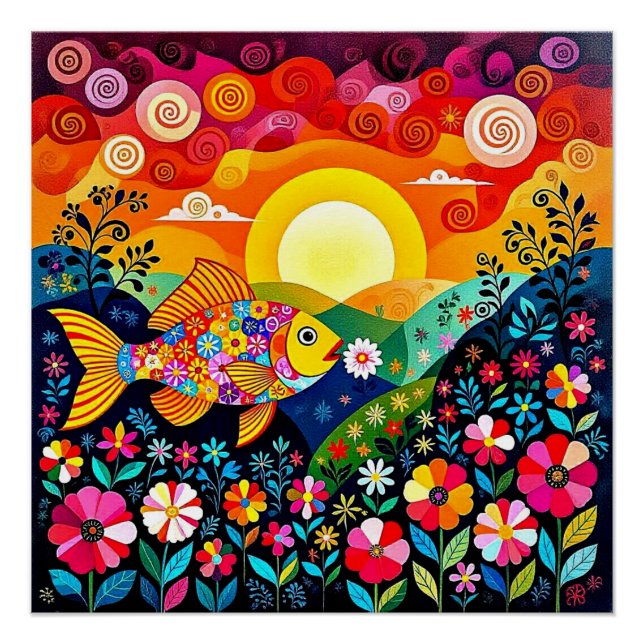 Poster Fish eats flower 1 (Devant)