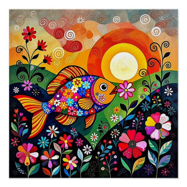 Poster Fish eats flower 2 (Devant)