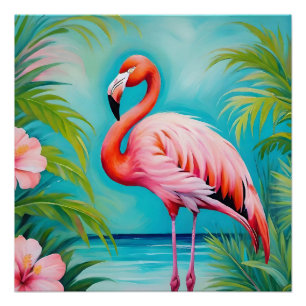 Poster Flamant rose à côté de plantes tropicales