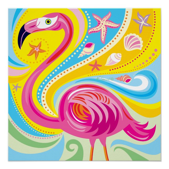 Poster Flamant Rose avec Étoile de Mer (Devant)