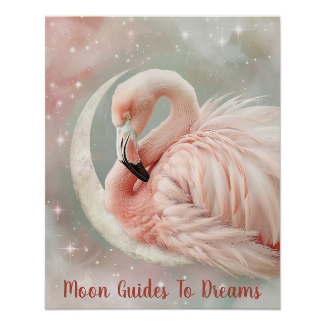 Poster Flamant rose bébé oiseau dormant sur Lune (Devant)