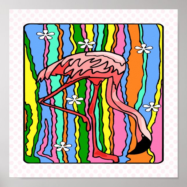 Poster Flamant rose d'alimentation des fleurs (Devant)