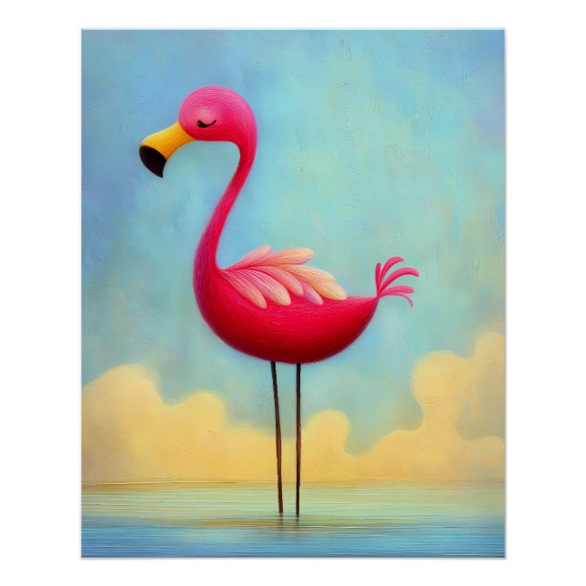 Poster flamant rose dans l'eau bleue - style cartoon (Devant)
