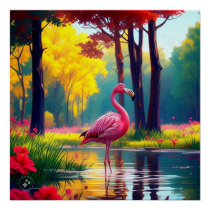 Poster Flamant rose debout dans le lac-365476