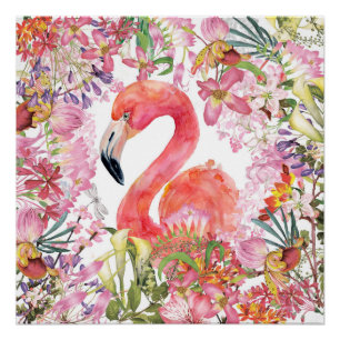 Poster Flamant rose en Jungle Fleur - Motif d'été