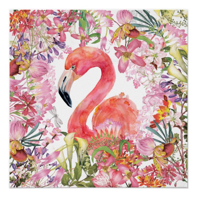 Poster Flamant rose en Jungle Fleur - Motif d'été (Devant)
