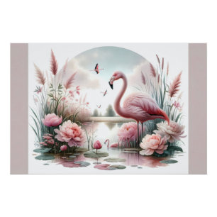 Poster Flamant rose en Pastel Pond Floral Scene