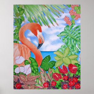 Poster Flamant rose tropical