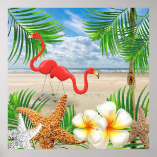 Poster Flamant rose tropical à la plage