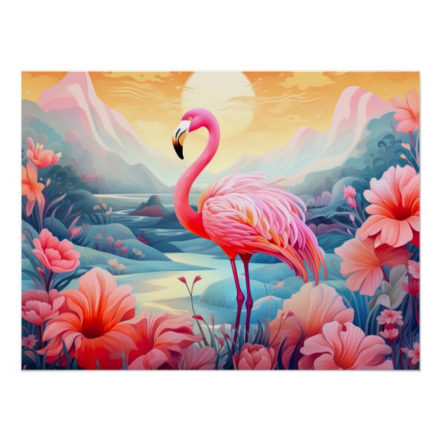 Poster Flamant rose tropical aux fleurs (Devant)