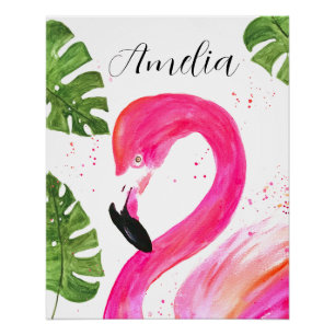 Poster Flamant rose tropical Palmier rose Feuille Oiseau