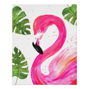Poster Flamant rose tropical Palmier rose Feuille Oiseau 