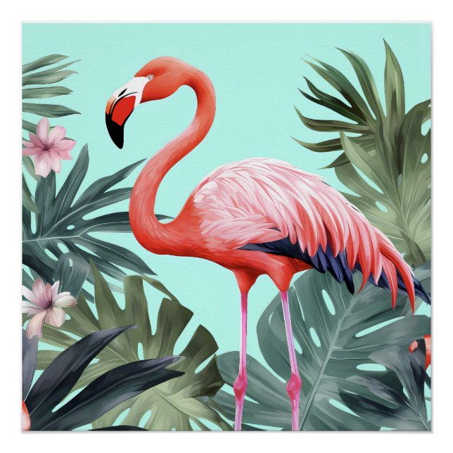 Poster Flamant rose tropical rose (Devant)