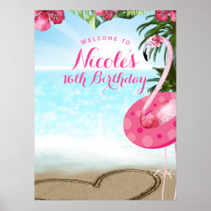 Poster Flamant rose Tropiques Hibiscus Pink Chic Party ba