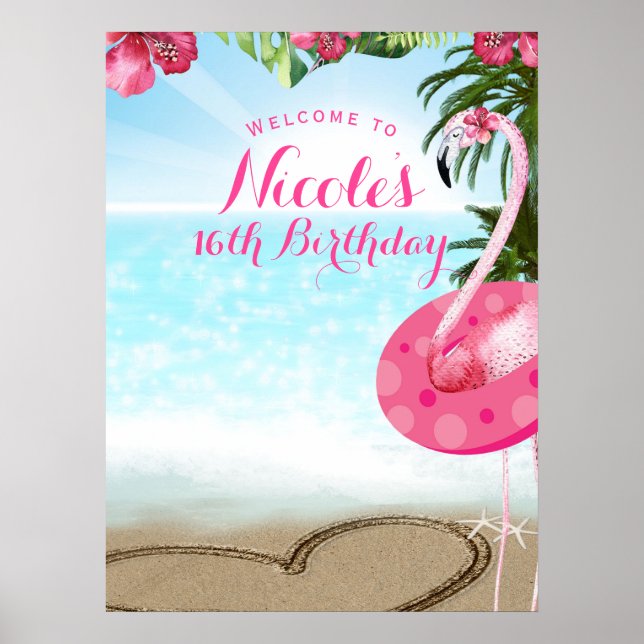 Poster Flamant rose Tropiques Hibiscus Pink Chic Party ba (Devant)