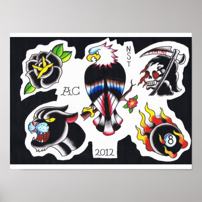 Poster flash de tatouage de la vieille école par Adam Cau (Devant)