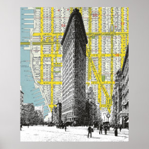 Poster Flatiron Building vintage point de repère NYC Map 